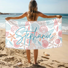 Load image into Gallery viewer, Customizable Beach Shells Beach Towel, Preppy Girl, Bridal Gift, Coquette Pool Towel, Personalized