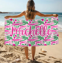 Load image into Gallery viewer, Customizable Boho Pink Green Floral Beach Towel, Personalized, Pool Towel, Birthday Gift, Vacation Gift, Bridesmaid, Bachelorette, Bride
