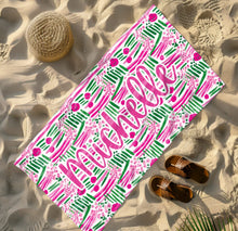 Load image into Gallery viewer, Customizable Boho Pink Green Floral Beach Towel, Personalized, Pool Towel, Birthday Gift, Vacation Gift, Bridesmaid, Bachelorette, Bride