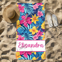 Load image into Gallery viewer, Customizable Hibiscus Beach Towel, Personalized Beach Towel, Pool Towel, Birthday Gift, Vacation Gift, Bridesmaid, Bachelorette, Bride