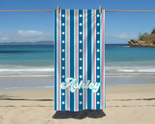 Load image into Gallery viewer, Customizable Navy and Teal Stars and Stripes Beach Towel - Personalized Summer Pool Bridal Gift, Preppy Girl Towel, Coquette Towel, Custom