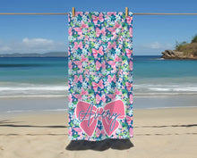 Load image into Gallery viewer, Customizable Pink Blue Coquette Bows Beach Towel, Preppy Girl, Bridal Gift, Personalized Pool Towel, Summer Towel, Personalized Pool Towel