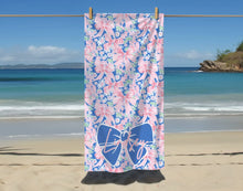 Load image into Gallery viewer, Customizable Pink Purple Coquette Bows Beach Towel, Preppy Girl, Bridal Gift, Personalized Pool Towel, Summer Towel, Personalized Pool Towel