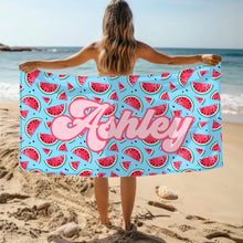 Load image into Gallery viewer, Customizable Retro Watermelon Beach Towel - Custom Coquette Personalized Summer Pool Bridal Gift, Preppy Girl Towel