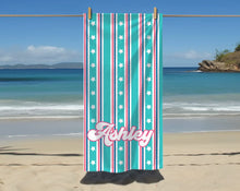 Load image into Gallery viewer, Customizable Teal with Pink Stars and Stripes Beach Towel - Personalized Summer Pool Bridal Gift, Preppy Girl Towel, Coquette Towel, Custom