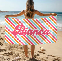 Load image into Gallery viewer, Customizable Tropical Stripes Beach Towel - Personalized Summer Pool Bridal Gift, Preppy Girl Towel, Coquette Towel, Custom
