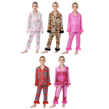 Load image into Gallery viewer, Mom and Me Matching Christmas Pajamas New Year Xmas Mother Kids Leopard/Plaid/Santa Claus Print Feather Trim Shirts Pants Pajamas