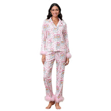 Load image into Gallery viewer, Mom and Me Matching Christmas Pajamas New Year Xmas Mother Kids Leopard/Plaid/Santa Claus Print Feather Trim Shirts Pants Pajamas