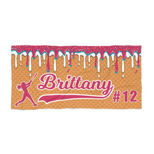 Load image into Gallery viewer, Personalized Ice Cream Drip Softball Beach Towel, Waffle, Summer Accessory, Softball Player Gift, Softball Mom, Sports Towel, Poolside Towel