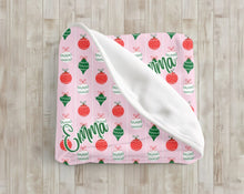 Load image into Gallery viewer, Personalized Pink Christmas Ornament Velveteen Plush Blanket - Soft Floral Throw, Christmas Home Decor, Gift for Her, Customized Holiday