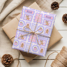 Load image into Gallery viewer, Personalized Purple and Pink Christmas Reindeer and Gingerbread Wrapping Paper- Christmas Gift Wrap, Custom Name Holiday Gift Wrap, Seasonal Wrapping Supplies