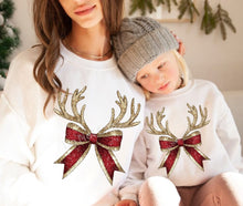 Load image into Gallery viewer, PO SHIPS 10/2 Clear Film DTF Transfer | Red Gold Faux Glitter Reindeer Bow | Adult | Youth (325 HOT Peel)