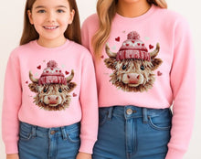 Load image into Gallery viewer, RTS Crochet Valentine Highland Cow DTF Transfer | Adult Youth (325 HOT Peel)