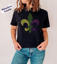 Load image into Gallery viewer, RTS Rhinestone Transfer | Flor De Lis Mardi Gras Purple, Green, Gold Stone