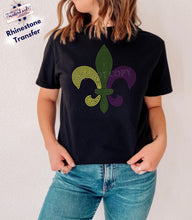 Load image into Gallery viewer, RTS Rhinestone Transfer | Flor De Lis Mardi Gras Purple, Green, Gold Stone