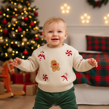 Load image into Gallery viewer, Toddler Baby Christmas Sweaters for Boys Girls Candy Gingerbread Man Embroidered Ribbed Long Sleeve Knitted Tops