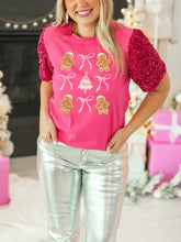 Load image into Gallery viewer, Women’s Christmas Sweater T-Shirt Gingerbread Bow Print Round Neck Sequins Short Sleeve Tops Club Party Clothes Streetwear