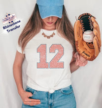 Load image into Gallery viewer, 8” Two Color Outlined Jersey Number Made To Order Rhinestone Transfer (1-3 Business Day TAT)
