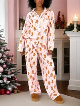 Load image into Gallery viewer, Christmas Pajamas Sets Women Gingerbread Man Print Long Sleeve Fleece Tops with Elastic Waist Pants Sleepwear
