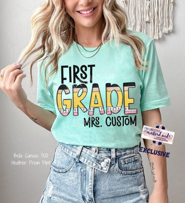 Custom Teacher Doodle Pencil Grade Level DTF Transfer (300 HOT PEEL) | Ships 3-7 Business Days