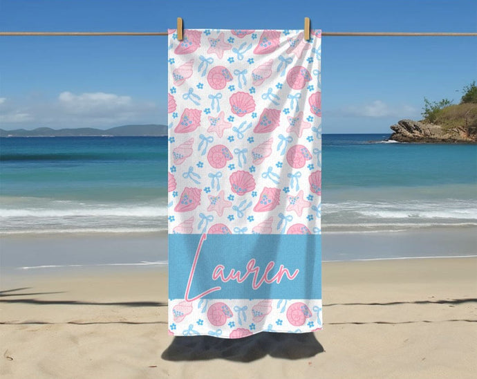 Customizable Blue Coquette Bows and Pink Shells Beach Towel - Preppy Girl, Bridal Gift, Personalized Pool Towel, Summer Towel