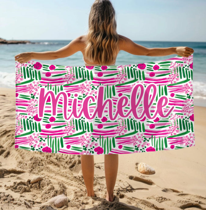 Customizable Boho Pink Green Floral Beach Towel, Personalized, Pool Towel, Birthday Gift, Vacation Gift, Bridesmaid, Bachelorette, Bride