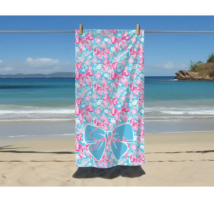 Customizable Coquette Bows Beach Towel, Preppy Girl, Bridal Gift, Personalized Pool Towel, Summer Towel, Personalized Pool Towel