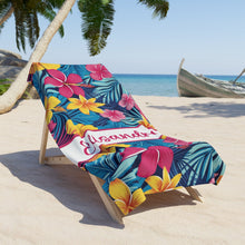 Load image into Gallery viewer, Customizable Hibiscus Beach Towel, Personalized Beach Towel, Pool Towel, Birthday Gift, Vacation Gift, Bridesmaid, Bachelorette, Bride
