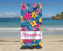 Load image into Gallery viewer, Customizable Hibiscus Beach Towel, Personalized Beach Towel, Pool Towel, Birthday Gift, Vacation Gift, Bridesmaid, Bachelorette, Bride
