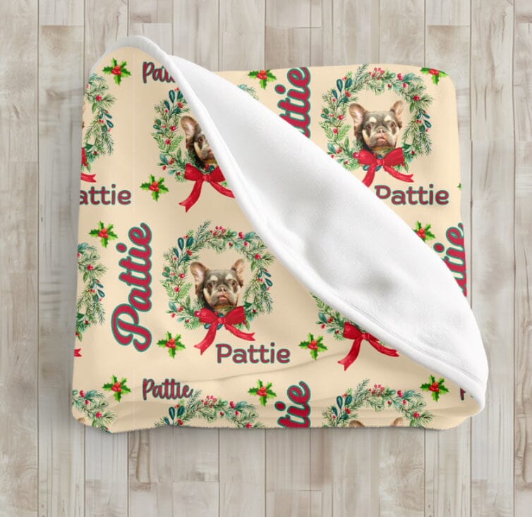 Customizable Pet Christmas Wreath Cozy Velveteen Plush Blanket - Soft Throw, Perfect for Cuddling, Home Decor, Gift for Her, Holiday Comfort, Customized