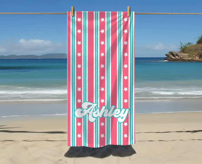 Customizable Pink and Teal Stars and Stripes Beach Towel - Personalized Summer Pool Bridal Gift, Preppy Girl Towel, Coquette Towel, Custom