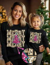 Load image into Gallery viewer, Gold and Pink Merry Repeat Christmas Tree Faux Sequin Embroidery DTF Transfer (300 HOT PEEL) | Ships 3-7 Business Days
