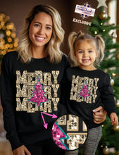 Load image into Gallery viewer, Gold and Pink Merry Repeat Christmas Tree Faux Sequin Embroidery DTF Transfer (300 HOT PEEL) | Ships 3-7 Business Days
