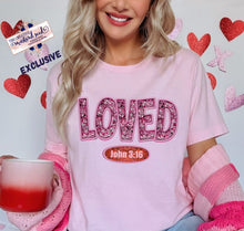 Load image into Gallery viewer, Loved John 3:16 Faux Sequin Embroidery DTF Transfer (300 HOT PEEL) | Ships 3-7 Business Days
