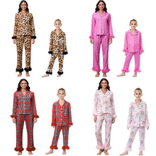 Load image into Gallery viewer, Mom and Me Matching Christmas Pajamas New Year Xmas Mother Kids Leopard/Plaid/Santa Claus Print Feather Trim Shirts Pants Pajamas
