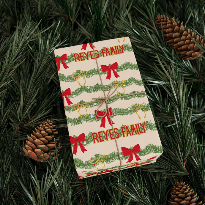 Personalized Christmas Garland and Bow Wrapping Paper- Christmas Gift Wrap, Custom Name Holiday Gift Wrap, Seasonal Wrapping Supplies
