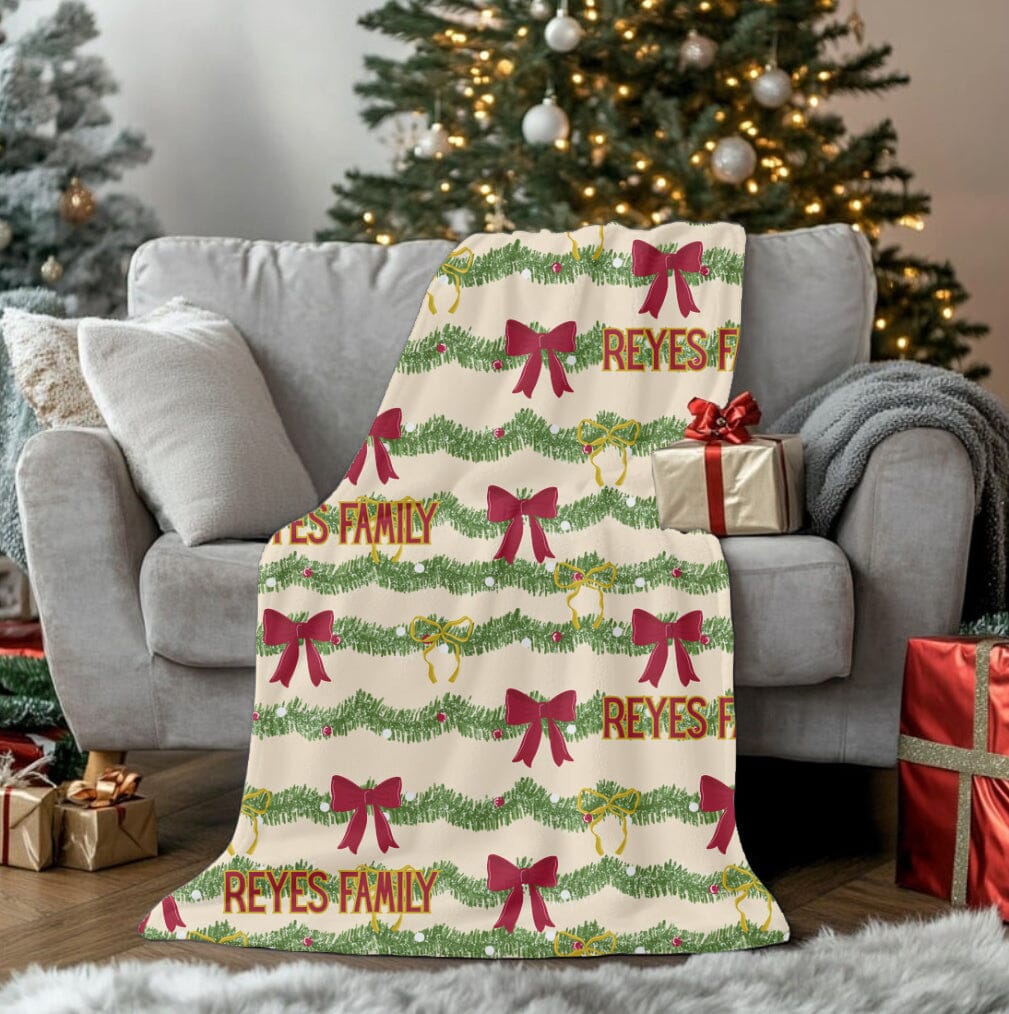 Personalized Christmas Garland and Bows Velveteen Plush Blanket - Soft Throw, Christmas Home Decor, Gift for Her, Customized Holiday, Christmas Tree
