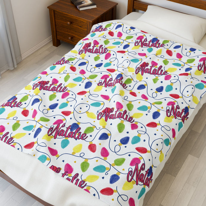 Personalized Christmas Lights Velveteen Plush Blanket - Soft Throw, Christmas Home Decor, Gift for Her, Customized Holiday, Christmas Tree