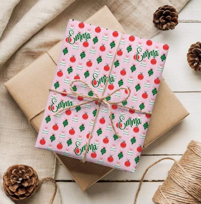 Personalized Christmas Ornament Pink Doodle Wrapping Paper- Christmas Gift Wrap, Custom Name Holiday Gift Wrap, Seasonal Wrapping Supplies