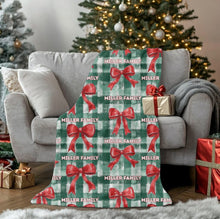 Load image into Gallery viewer, Personalized Christmas Plaid and Bows Velveteen Plush Blanket - Soft Throw, Christmas Home Decor, Gift for Her, Customized Holiday, Christmas Tree
