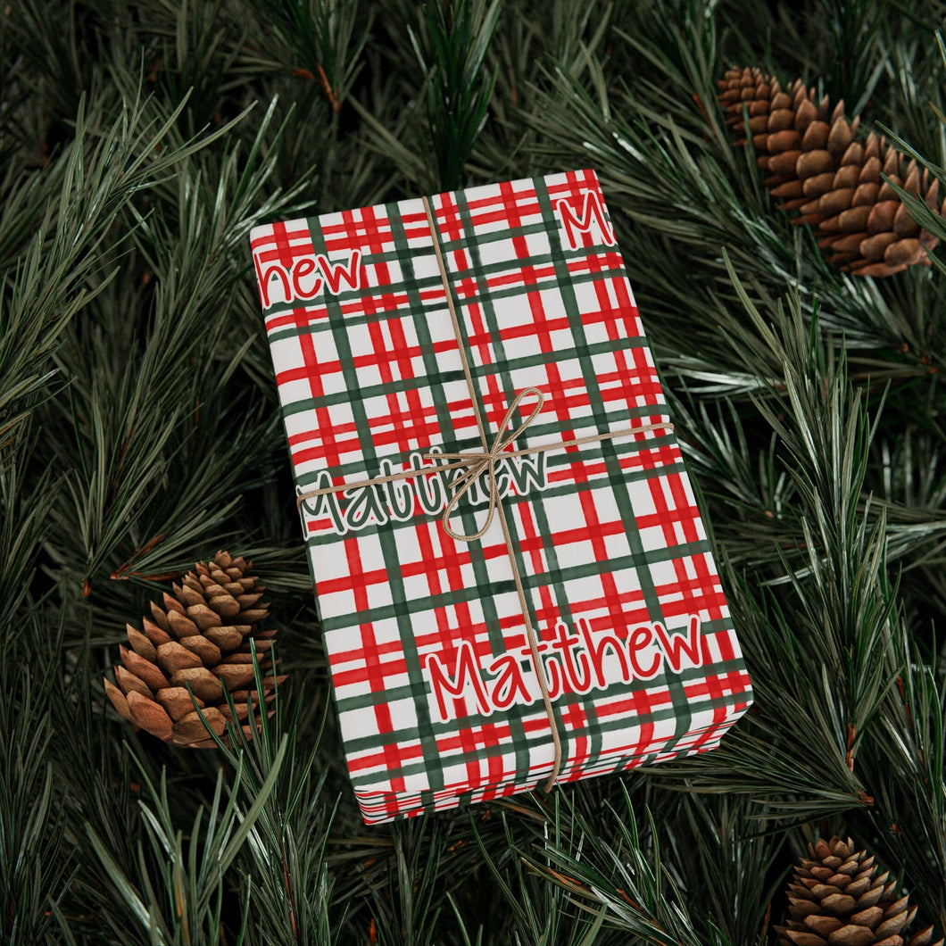 Personalized Christmas Plaid Doodle Wrapping Paper- Christmas Gift Wrap, Custom Name Holiday Gift Wrap, Seasonal Wrapping Supplies