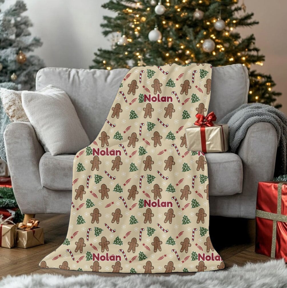 Personalized Gingerbread Man Candy Cane Christmas Velveteen Plush Blanket - Soft Throw, Christmas Home Decor, Gift for Him, Customized Holiday, Santa