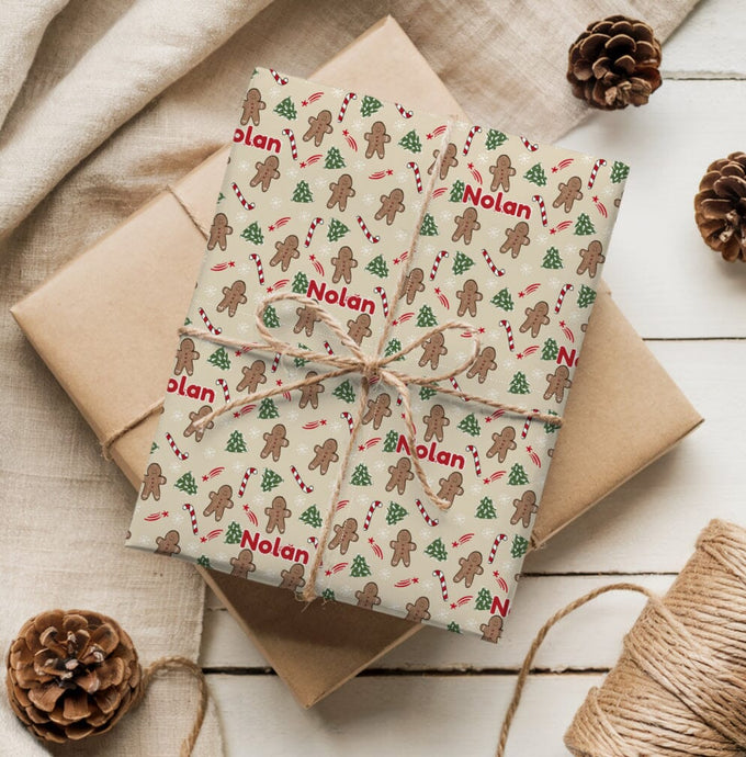 Personalized Gingerbread Man Candy Cane Christmas Wrapping Paper- Christmas Gift Wrap, Custom Name Holiday Gift Wrap, Seasonal Wrapping Supplies