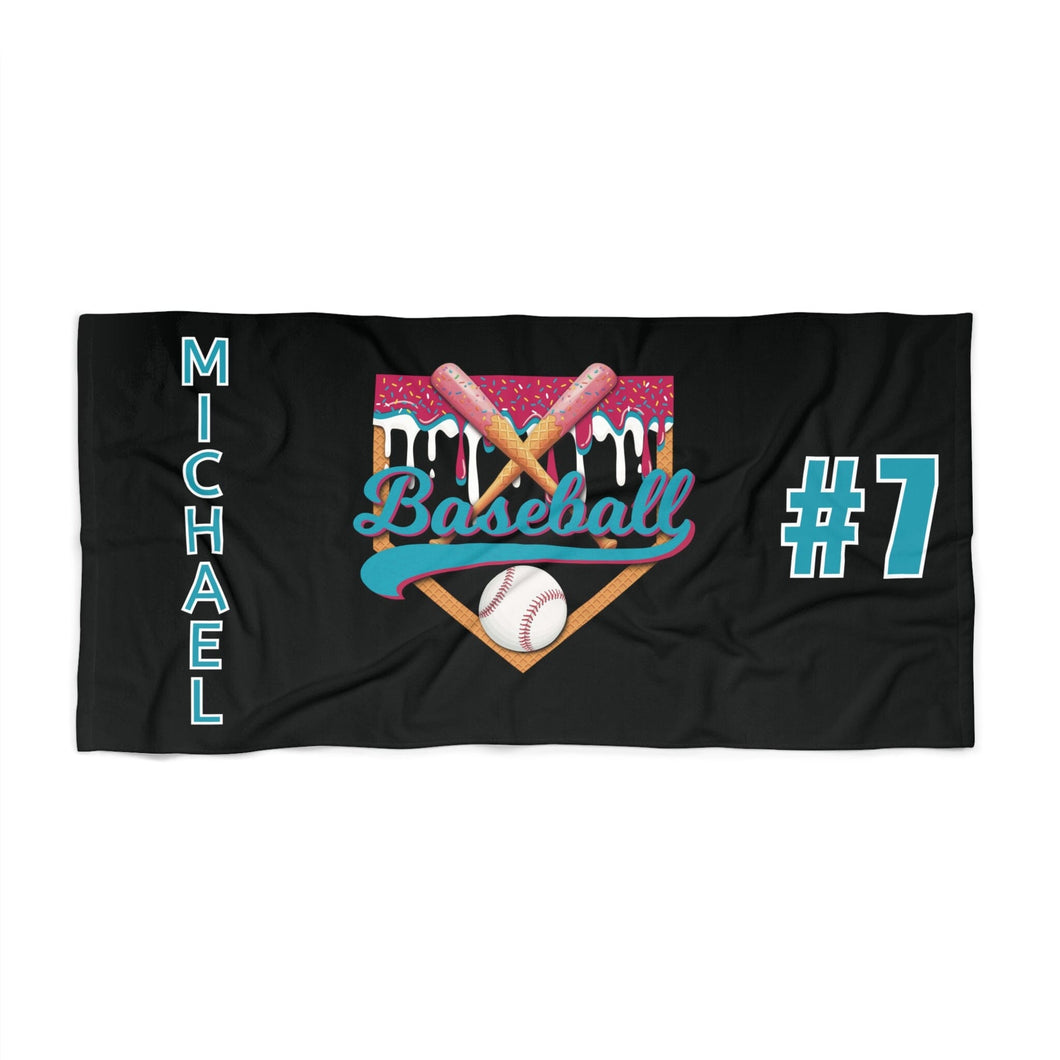 Personalized Ice Cream Drip Baseball Beach Towel, Summer Accessory, Gift for Baseball Player, Baseball Mom, Sports Towel, Poolside Towel