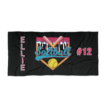 Load image into Gallery viewer, Personalized Ice Cream Drip Softball Beach Towel, Summer Accessory, Gift for Softball Player, Baseball Mom, Sports Towel, Poolside Towel
