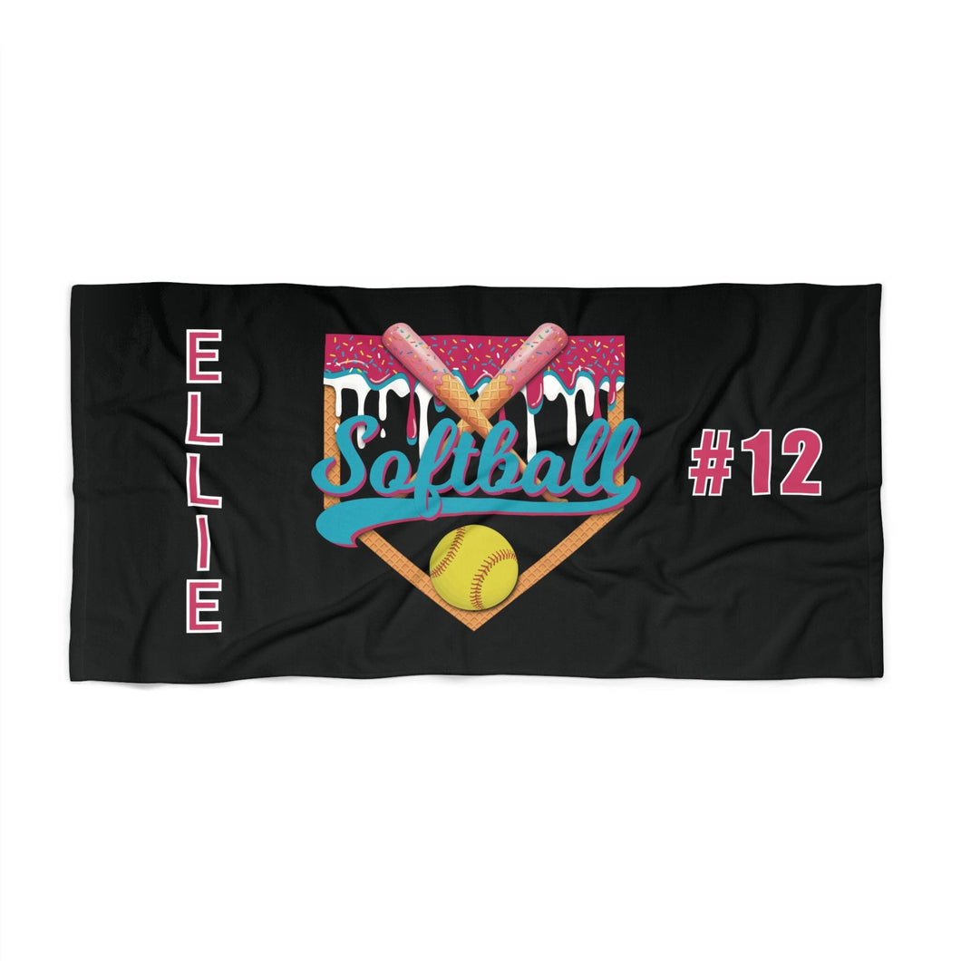 Personalized Ice Cream Drip Softball Beach Towel, Summer Accessory, Gift for Softball Player, Baseball Mom, Sports Towel, Poolside Towel