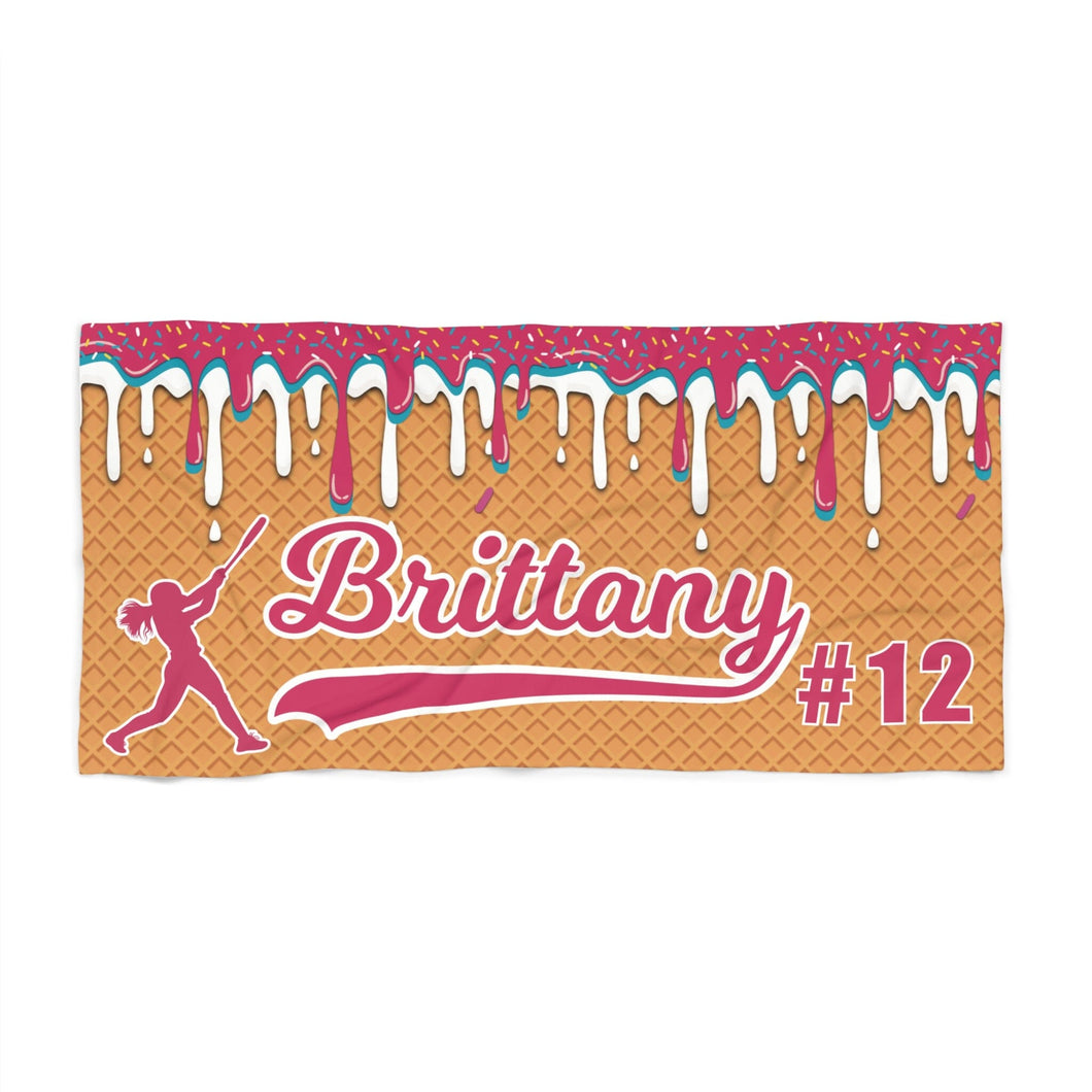 Personalized Ice Cream Drip Softball Beach Towel, Waffle, Summer Accessory, Softball Player Gift, Softball Mom, Sports Towel, Poolside Towel