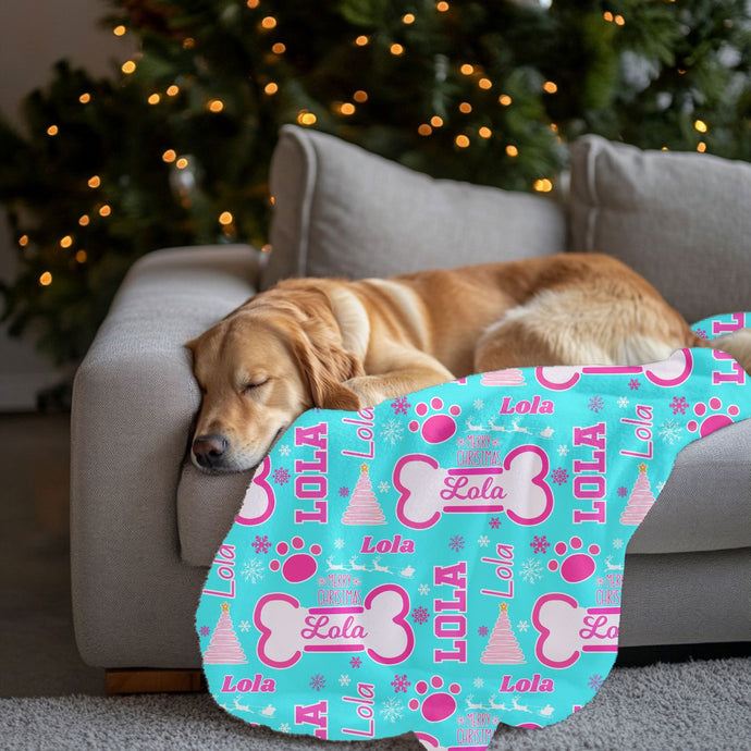 Personalized Pet Christmas Dog Bone Cozy Velveteen Plush Blanket - Soft Throw, Holiday Pet Gift, Custom Pet Name, Dog Throw