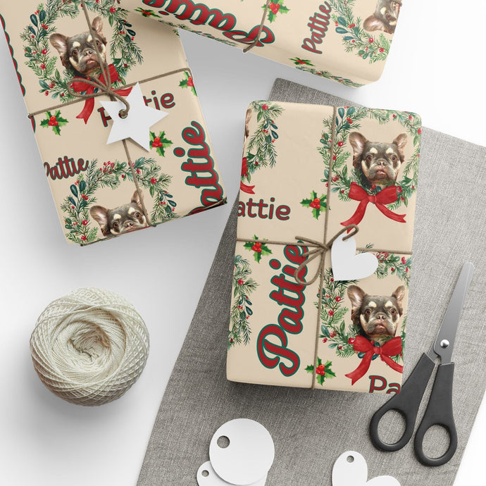 Personalized Pet Christmas Wreath Festive Wrapping Paper, Christmas Gift Wrap, Holiday Decor, Unique Gift Presentation, Seasonal Wrapping Supplies