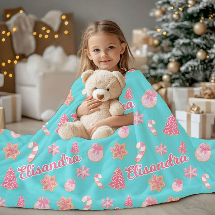 Personalized Pink Christmas Cookies Cozy Velveteen Plush Blanket - Soft Floral Throw, Perfect for Cuddling, Home Decor, Gift for Her, Holiday Comfort, Customized
